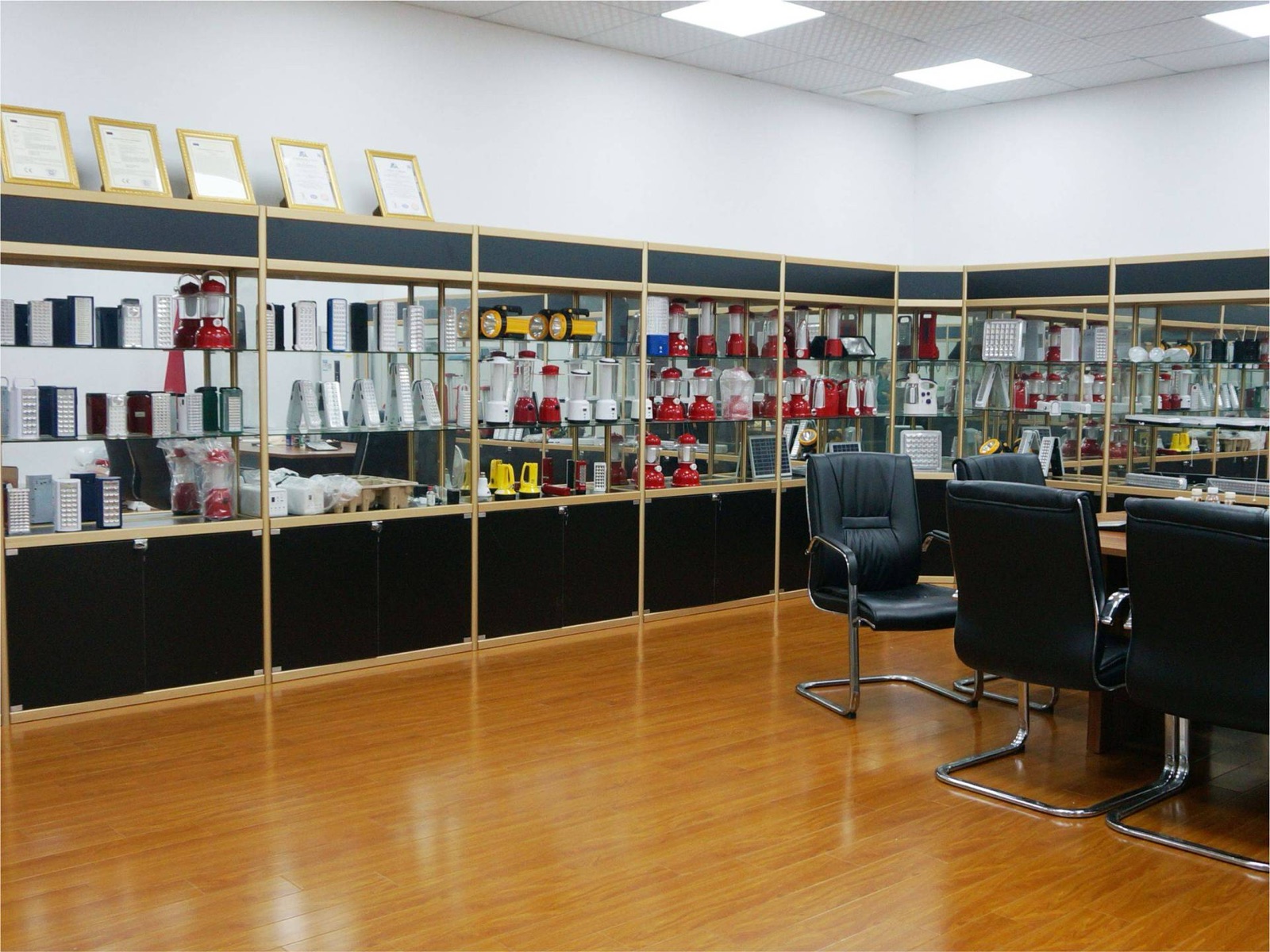 Product showroom with portable lights and solar appliances
