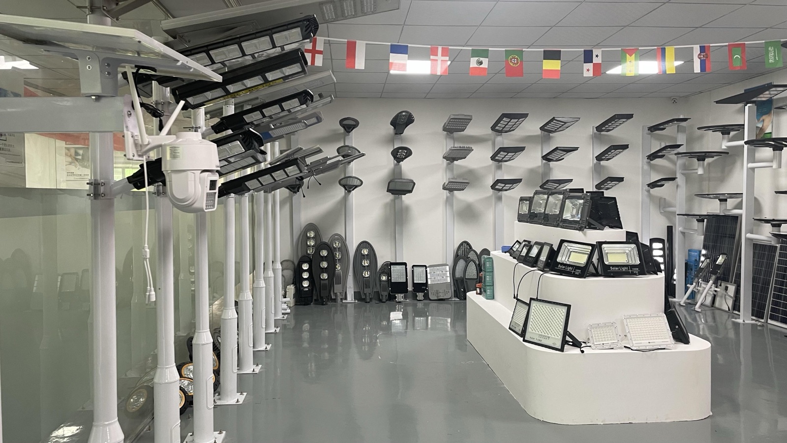 Solar street lights displayed in a supplier showroom