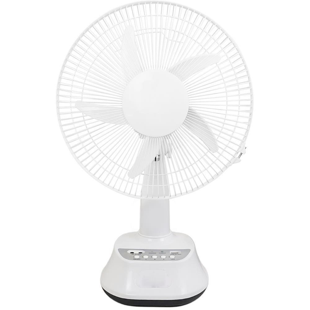 Model FT30-50 white solar-charging table fan with three blades and push-button controls