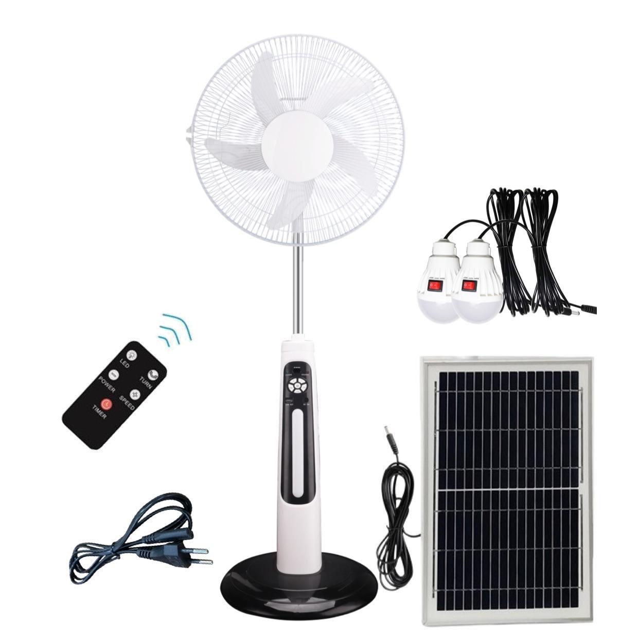Model 300A 16-inch solar fan kit with solar panel, two LED bulbs and remote control